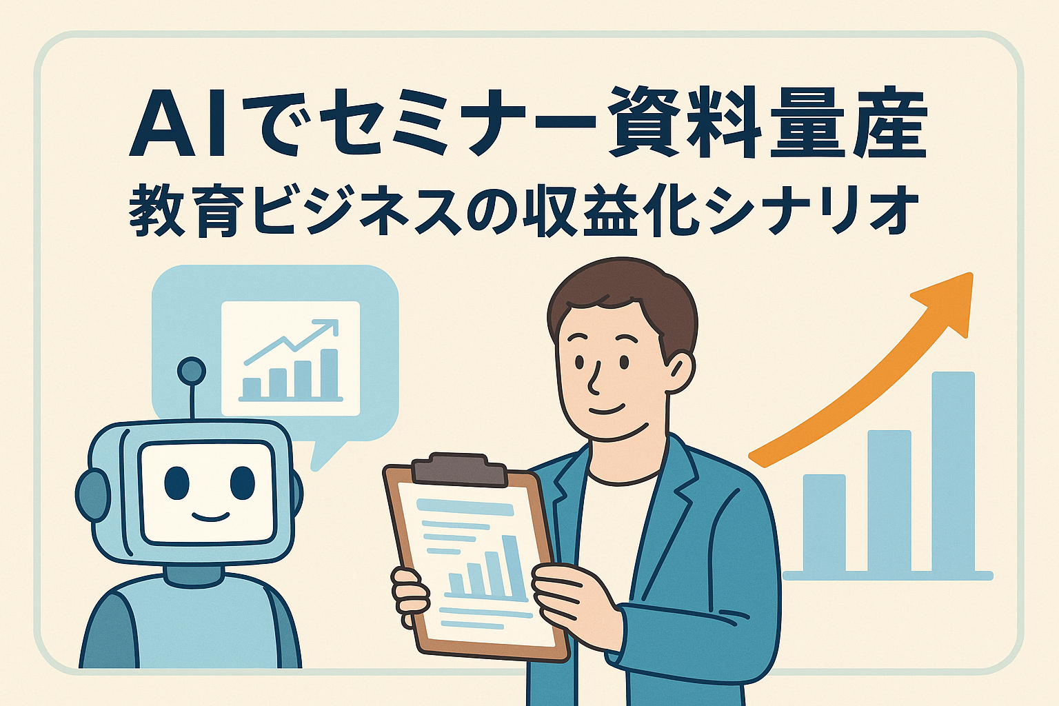 AIがセミナー資料を自動生成し、講師が収益化を実現する教育ビジネスの様子を描いたイラスト。AIロボットと講師が資料を見ながら成長グラフを示している。