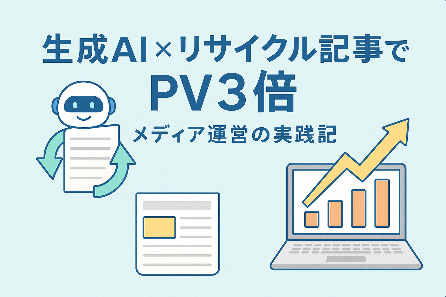 生成AIとリサイクル記事を活用してPVを3倍にしたメディア運営の実践を表すビジネス風イラスト。AIロボット、記事アイコン、上昇グラフを組み合わせた親しみやすいデザイン。