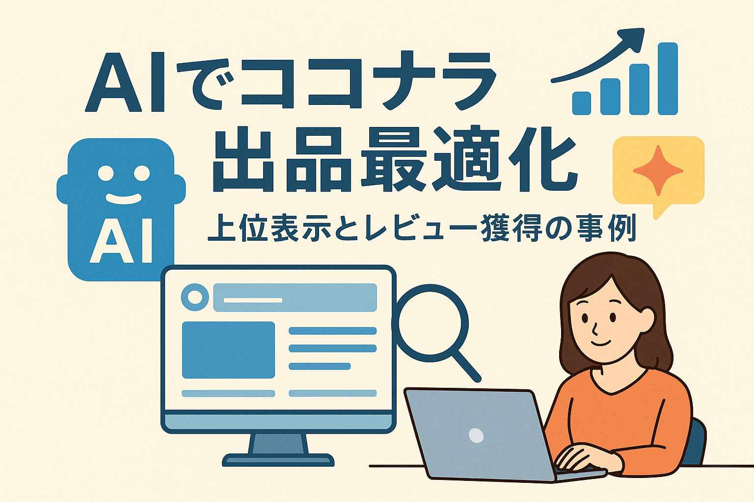AIを使ってココナラ出品を最適化し、上位表示とレビュー獲得を実現するイメージ。パソコン操作をする女性とAIロボット、上昇グラフや検索アイコンを描いた親しみやすいデザイン。