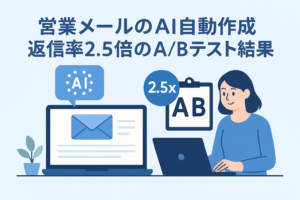 営業メールのAI自動作成によって返信率が2.5倍に向上したA/Bテスト結果を表すイラスト。ノートPCとAIメール送信の概念を描いた青基調のビジネスデザイン。