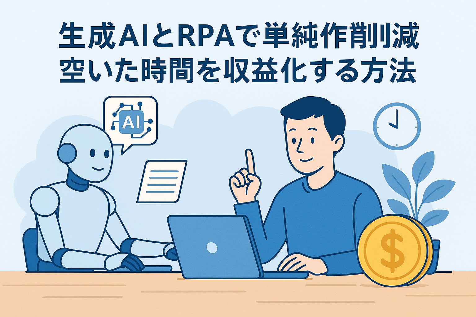 生成AIとRPAによって単純作業を削減し、空いた時間を収益化する様子を描いたイラスト。人とロボットが協働し、自動化と効率化を象徴する青基調のオフィスシーン。