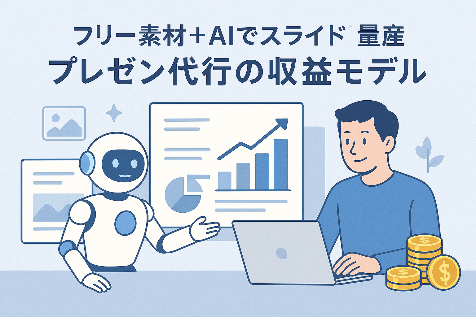 フリー素材とAIを活用してスライドを量産し、プレゼン代行で収益を上げる様子を描いたビジネスイラスト。ロボットと人が協力して資料を作る姿を表現。