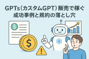 GPTs（カスタムGPT）の販売で稼ぐ方法をテーマにしたアイキャッチ画像。AIロボットと人物が対話しながら、収益と注意点を象徴するグラフやコイン、警告マークを配置。