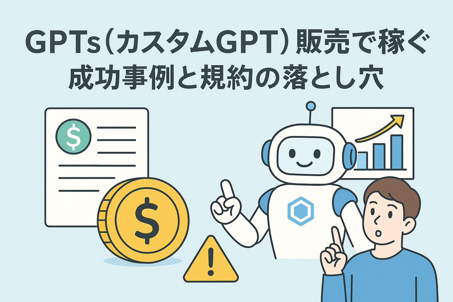 GPTs（カスタムGPT）の販売で稼ぐ方法をテーマにしたアイキャッチ画像。AIロボットと人物が対話しながら、収益と注意点を象徴するグラフやコイン、警告マークを配置。