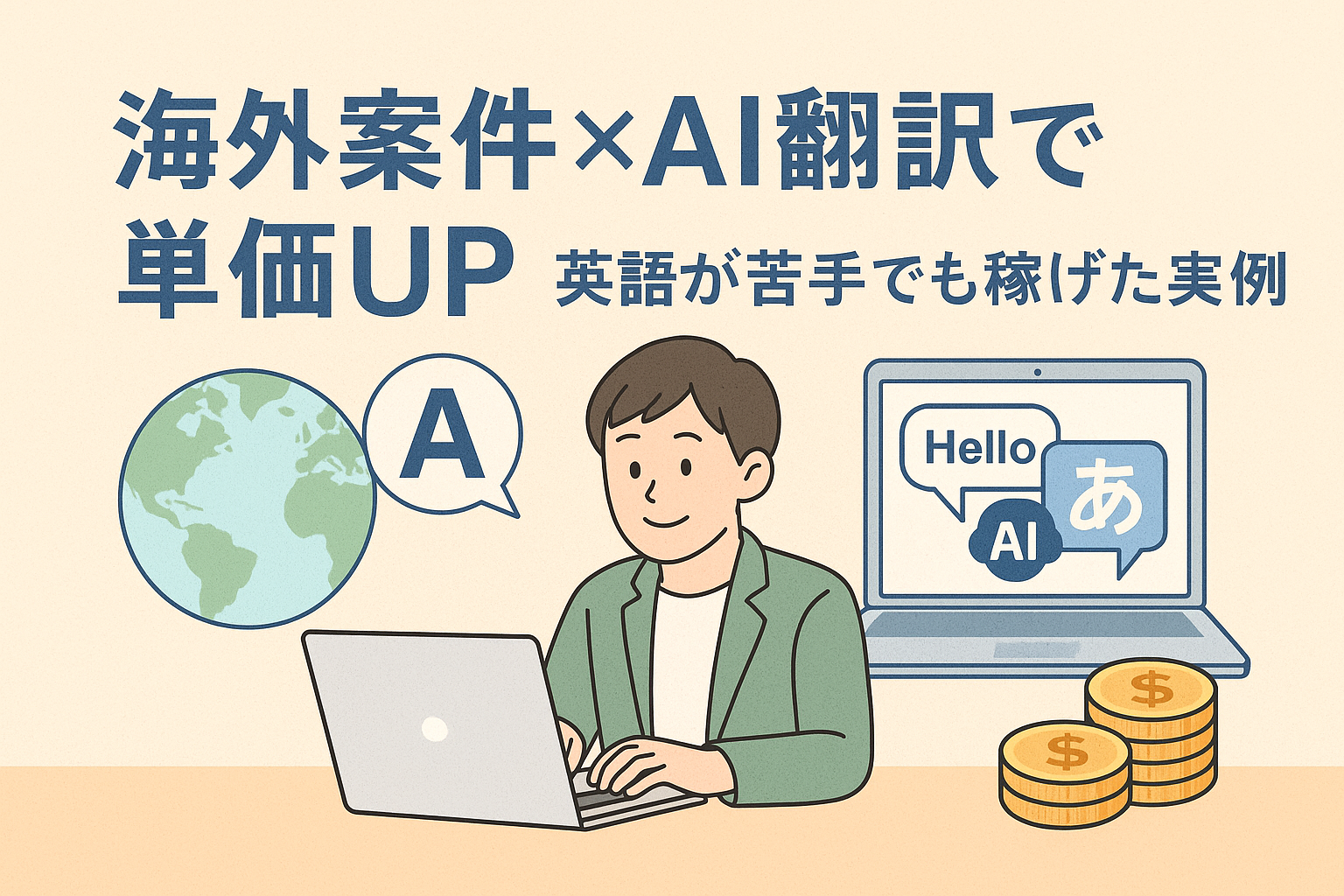 海外案件とAI翻訳を活用して単価アップを実現するイメージ。英語が苦手な人でもAIを使ってグローバルに働く様子を描いたビジネスイラスト。