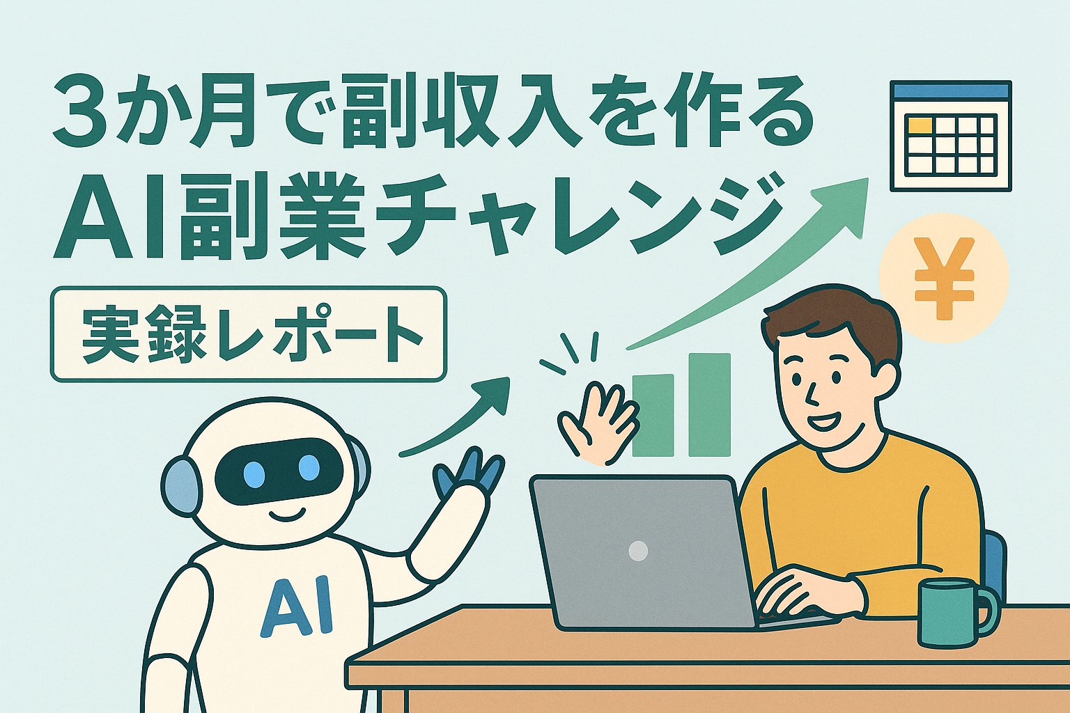 AIと人が協力して副業に取り組む様子を描いたイラスト。3か月で副収入を作るAI副業チャレンジを表現した親しみやすいビジネスデザイン。