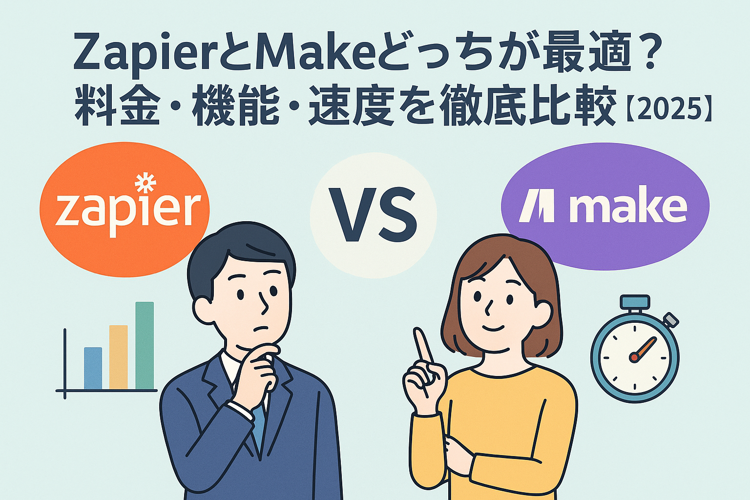 ZapierとMakeを比較するイラスト。料金・機能・速度の違いをテーマに、男女キャラクターが両ツールを見比べているビジネス風の日本語デザイン。