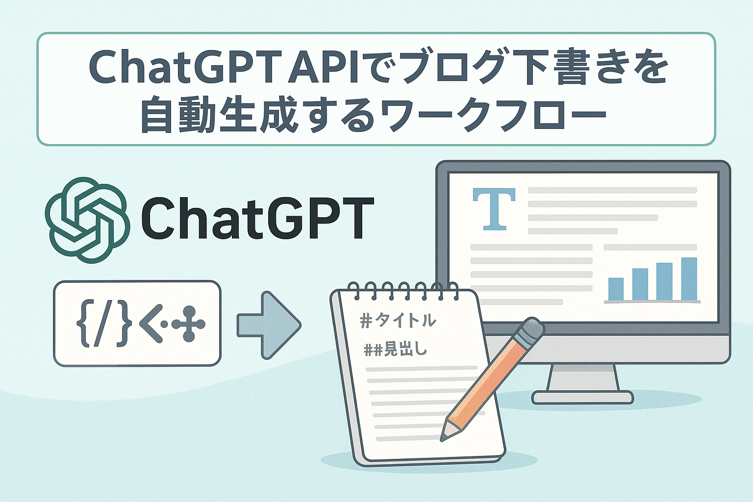 ChatGPT APIでブログ下書きを自動生成する流れをイメージしたアイキャッチ画像。淡いブルー背景にChatGPTロゴ、コード記号、ノートPCとメモ帳を配置。