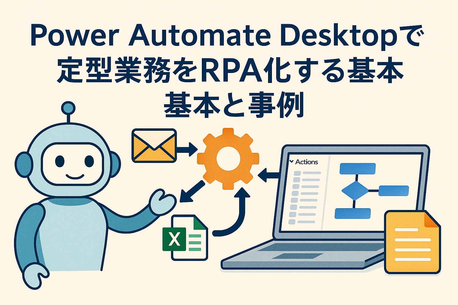 Power Automate Desktopを使って定型業務をRPA化する流れを表現したアイキャッチ画像。ロボットとパソコン、歯車、メールやExcelアイコンを組み合わせたイラスト。