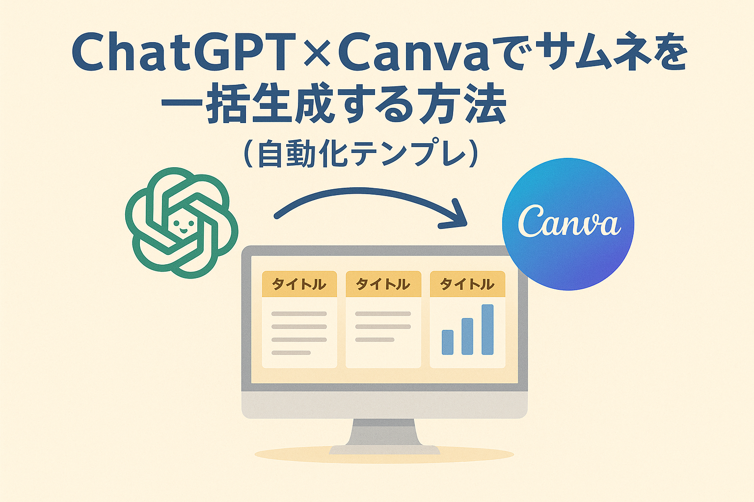 ChatGPTとCanvaを使ってサムネイル画像を自動生成する流れを表したイラスト。ChatGPTのロゴからCanvaへ矢印が伸び、パソコン画面内に複数のサムネ画像が並ぶ構成。