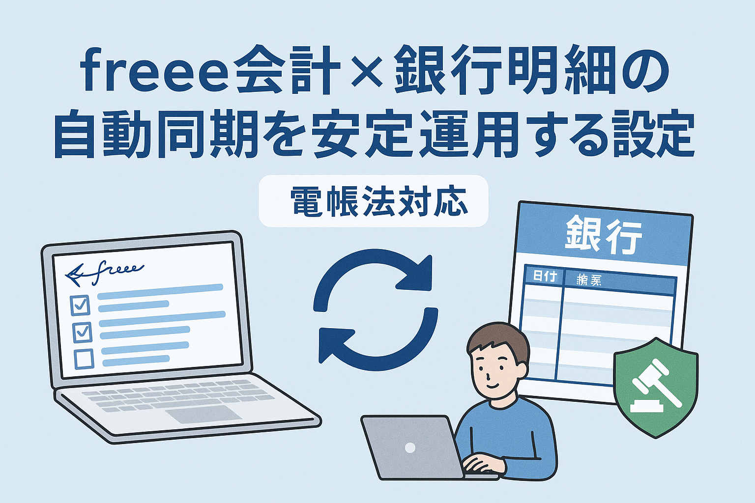 Googleスプレッドシートを使って見積書を自動作成する方法をイメージしたアイキャッチ画像。ノートパソコンにスプレッドシートの画面、ビジネスパーソンが作業している様子、薄いグリーン系の親しみやすいデザイン。