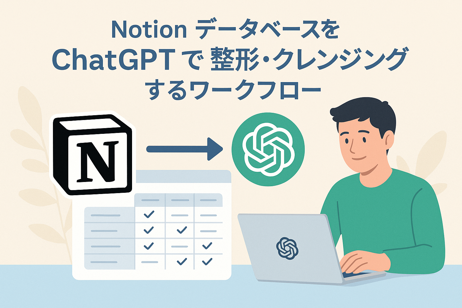 NotionデータベースをChatGPTで自動整形・クレンジングするワークフローをイメージしたイラスト。NotionのロゴとChatGPTのロゴを中心に、データベースを整える人物が描かれた親しみやすいビジネス風デザイン。