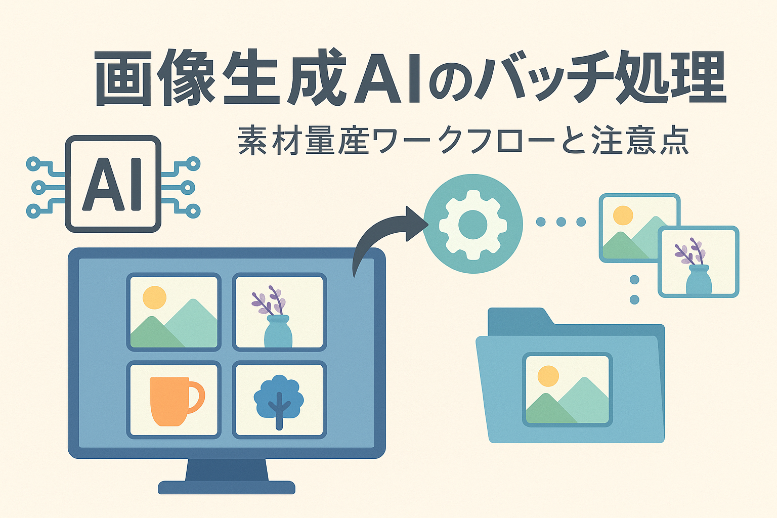 画像生成AIによるバッチ処理をイメージしたアイキャッチ画像。AIがパソコン上で複数の画像を自動生成し、フォルダに保存される様子を描いた親しみやすいイラスト。淡いブルー基調で、効率的な素材量産のイメージを表現。
