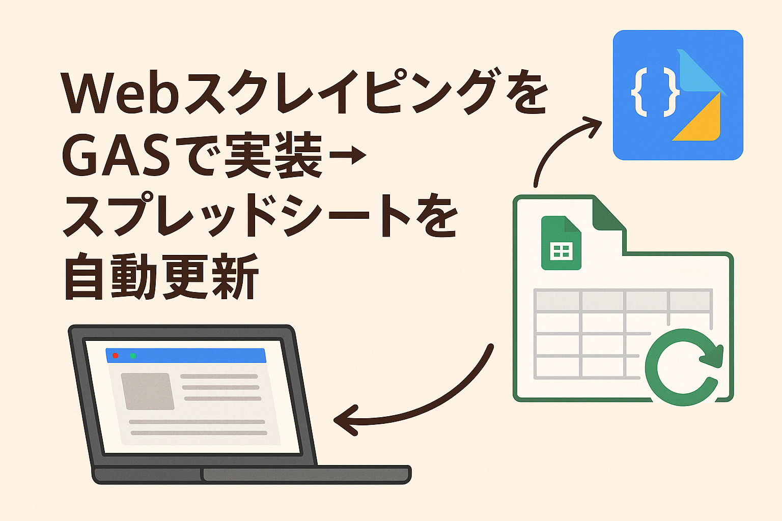 Google Apps Script（GAS）を使ってWebスクレイピングを行い、取得したデータをスプレッドシートに自動更新する様子を表現したイラスト。パソコン、スプレッドシート、GASアイコンが連携している構図で、淡いベージュとグリーンの配色が親しみやすい印象。