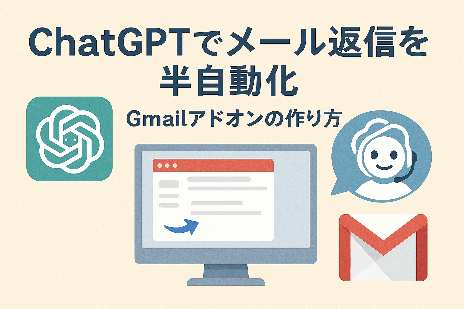 ChatGPTとGmailを連携してメール返信を半自動化する方法を紹介するアイキャッチ画像。AIアシスタントとパソコン画面、Gmailロゴが描かれた親しみやすいデザイン。