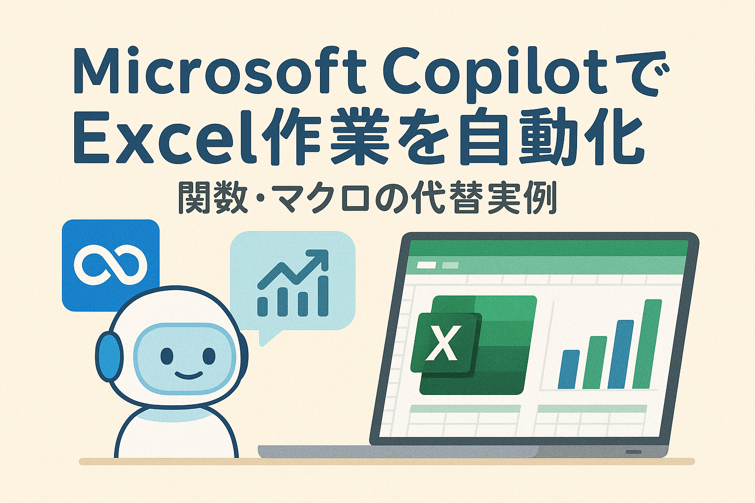 Microsoft CopilotがExcel作業を自動化している様子を描いたイラスト。AIアシスタントがスプレッドシートを操作し、グラフやデータを効率化している構図。関数やマクロを使わずに自動処理するイメージを表現。