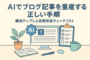 AIでブログ記事を効率的に量産するための正しい手順を説明するイメージ。パソコンとチェックリスト、ノートが並ぶデスクのイラスト。