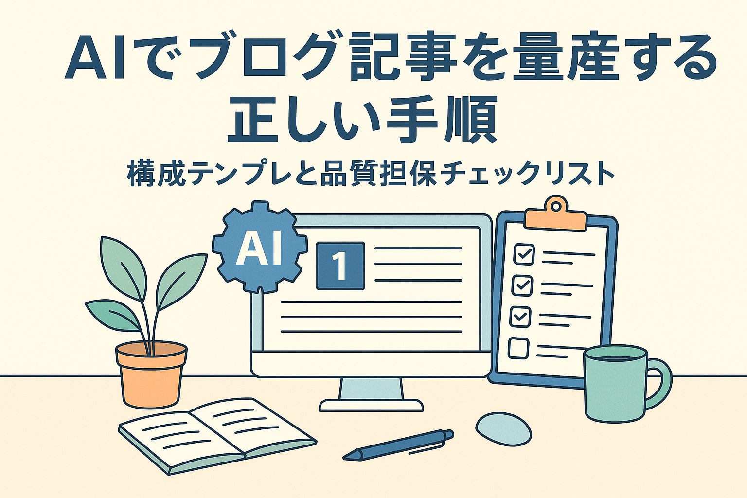 AIでブログ記事を効率的に量産するための正しい手順を説明するイメージ。パソコンとチェックリスト、ノートが並ぶデスクのイラスト。