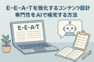 E-E-A-Tを強化するためにAIを活用したコンテンツ設計をイメージしたイラスト。ノートパソコン、AIロボット、チェックリスト、ノートが並ぶワークスペースの様子。