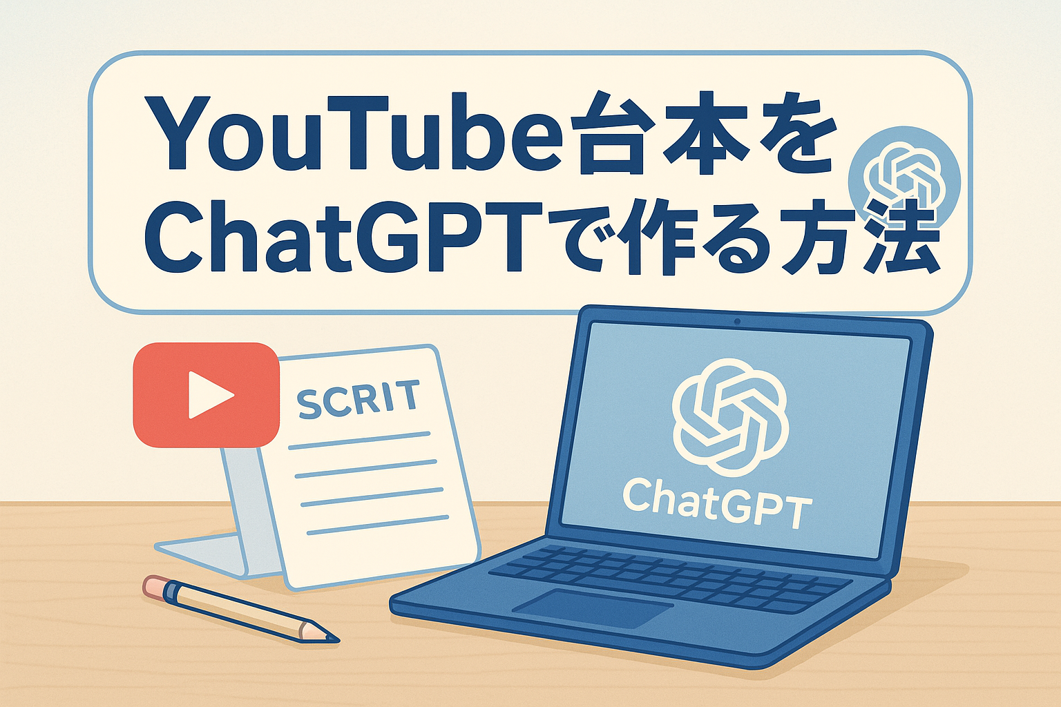 ChatGPTを使ってYouTubeの台本を作成する方法をイメージしたイラスト。ノートパソコンと台本、YouTubeの再生アイコンを描いた親しみやすいデザイン。