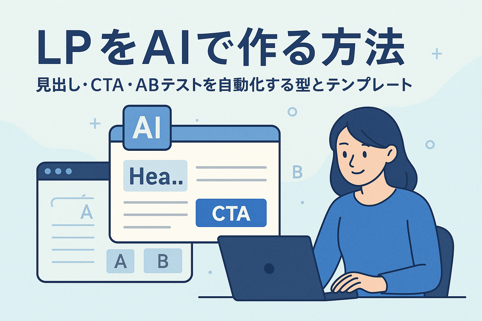 AIを活用してランディングページ（LP）を作成する方法をイメージしたイラスト。ノートパソコンを操作する女性と、CTAボタンや見出し、A/Bテストのデザイン要素が描かれた親しみやすいデジタルデザイン。