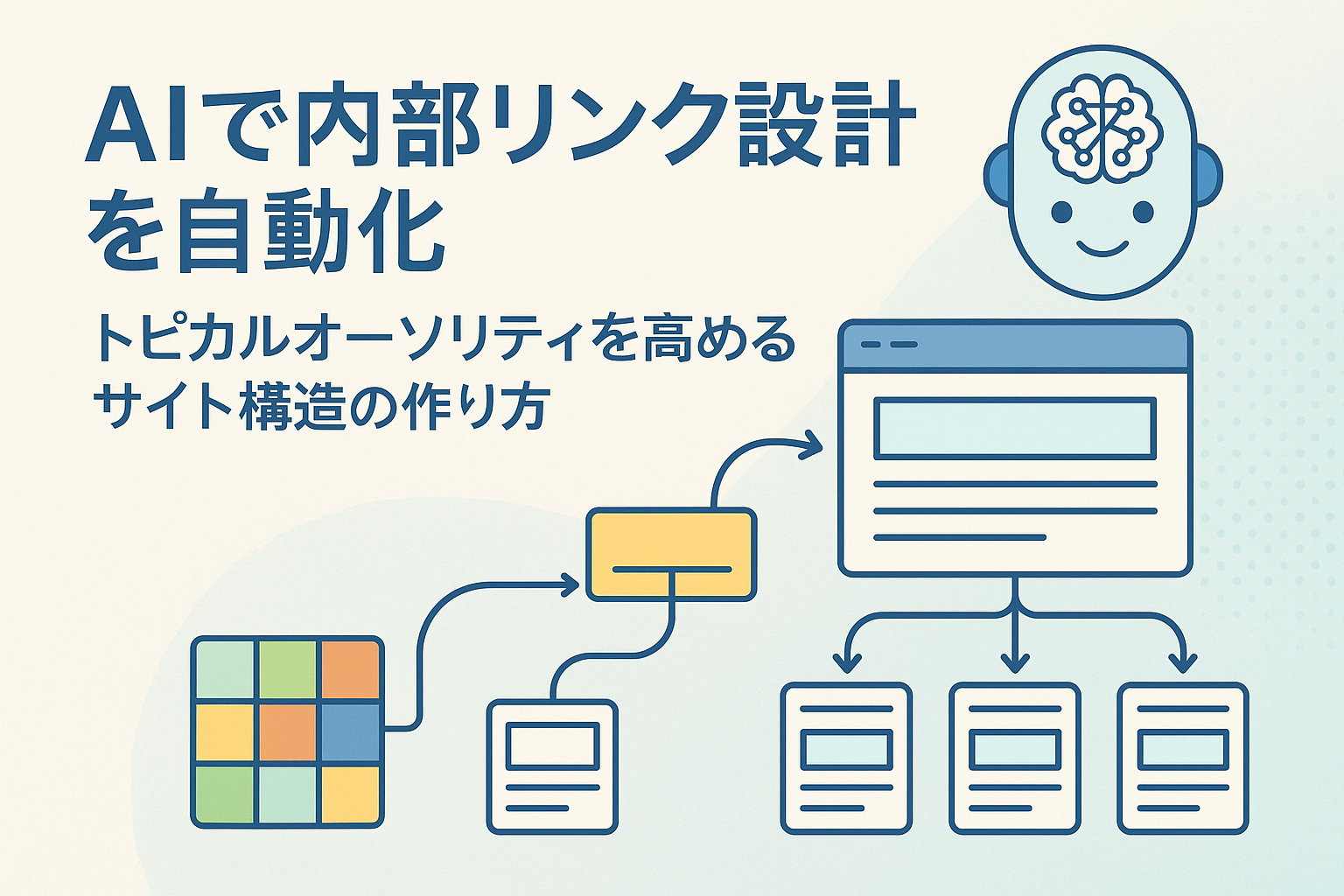 AIによる内部リンク設計とトピカルオーソリティ強化を解説するサイト構造のイメージ図。薄いブルー基調で、AIとサイトマップのつながりを表現したイラスト。