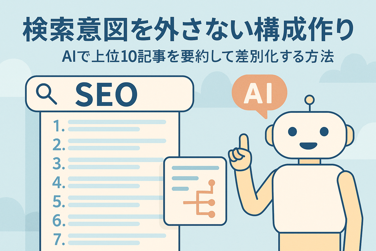 AIが検索上位10記事を要約し、検索意図を外さない記事構成を作成する様子を表現したイラスト。ロボットとSEO検索結果リストを描いた親しみやすいデザイン。