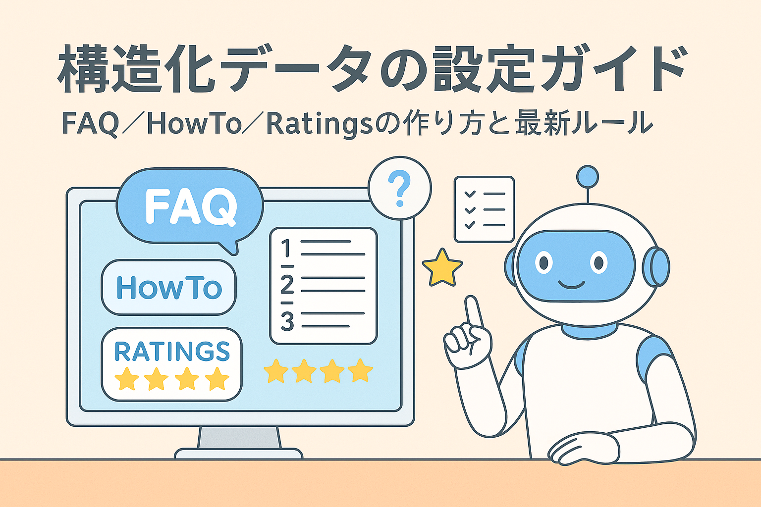 構造化データの設定方法をわかりやすく解説するイラスト。FAQ、HowTo、Ratingsの要素を示す画面とAIロボットを描いた親しみやすいデザイン。