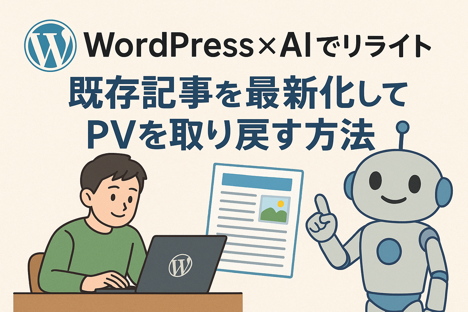 WordPressとAIを活用して既存記事をリライトし、PVを取り戻す方法を紹介するアイキャッチ画像。 ノートPCを操作する男性とAIロボットが協働する様子を描いた親しみやすいイラスト。