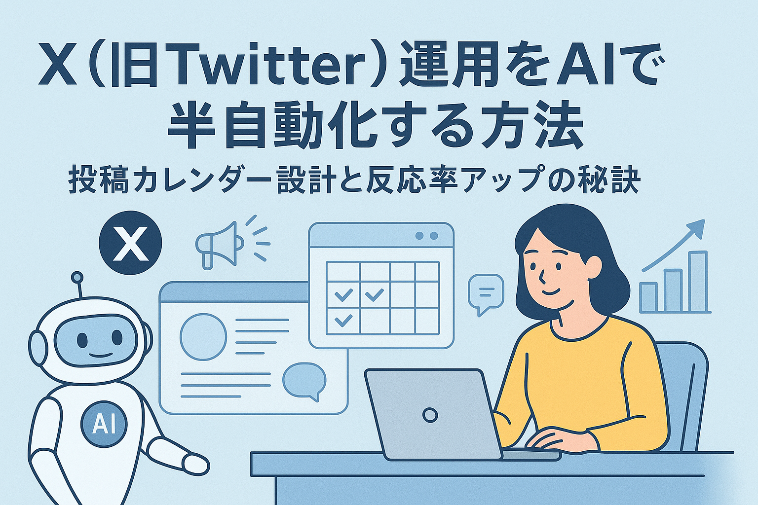AIを使ってX（旧Twitter）運用を半自動化する方法を説明するビジネスイラスト。パソコンでSNS投稿を管理する女性と、AIロボット・投稿カレンダー・グラフ・メガホンなどのアイコンが描かれている。
