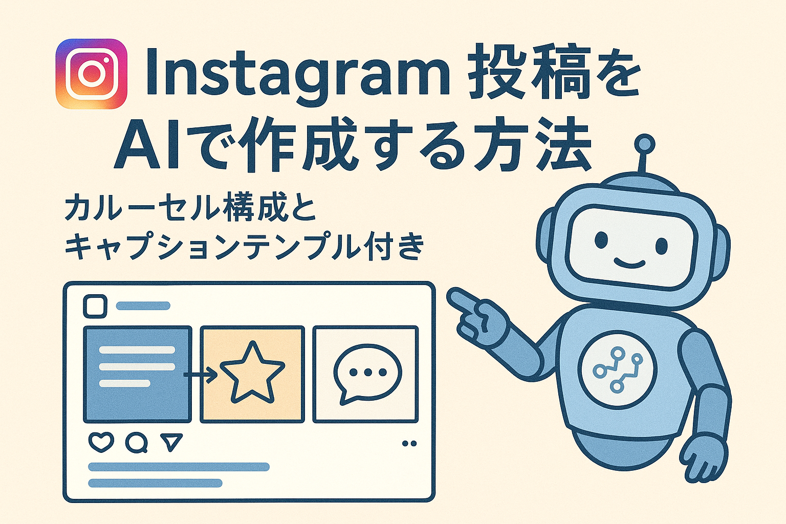 AIを活用してInstagram投稿を作成する方法を紹介するイラスト。AIロボットがカルーセル投稿を指し示し、スマートフォン画面やInstagramのアイコンが描かれた親しみやすいデザイン。