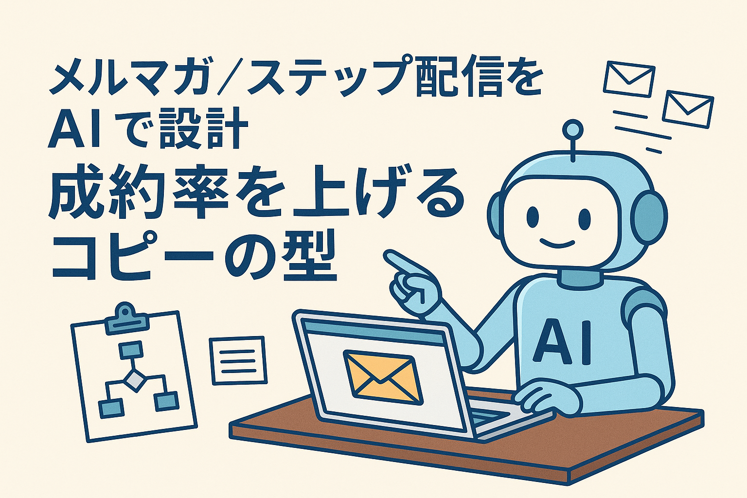 AIを使ってメルマガやステップメールの配信設計を行う様子を描いたイラスト。AIロボットがノートパソコンでメールを作成し、配信フローやメッセージを確認しているビジネスデザイン。