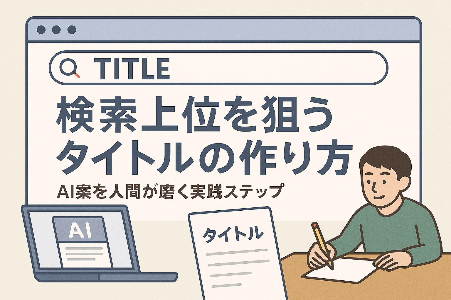 AIと人間が協力してSEOに強い記事タイトルを作成する様子を描いたイラスト。ノートパソコンに表示されたAI提案と、メモを取る人物が検索上位を狙うタイトルを検討している。