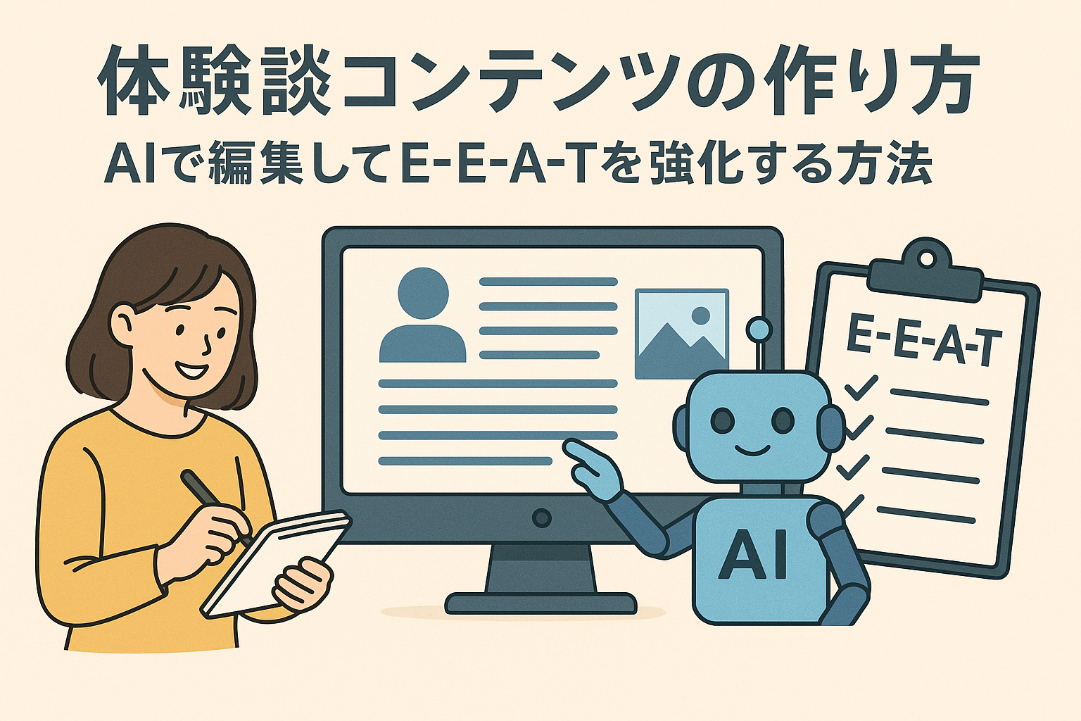 AIを使って体験談コンテンツを編集し、E-E-A-T（経験・専門性・権威性・信頼性）を強化する方法を解説する記事のアイキャッチ画像。編集者とAIロボットが協力して記事を作成している様子を描いたイラスト。