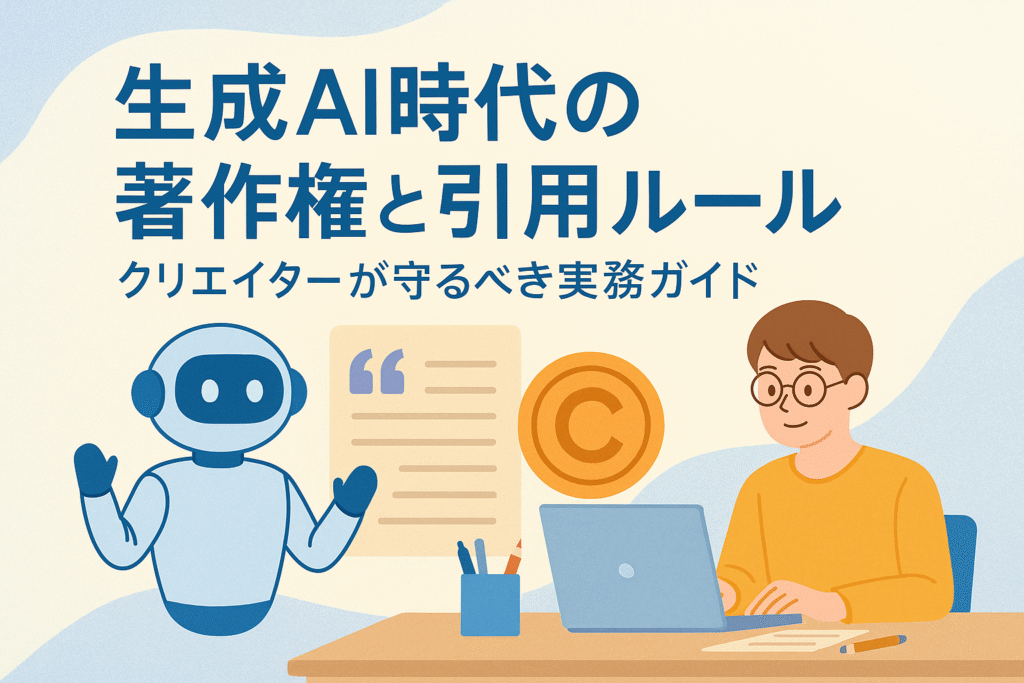 生成AI時代の著作権と引用ルールをテーマに、AIとクリエイターが著作権マークを前に対話するイラスト。著作権や引用の実務を象徴する柔らかなデザイン。