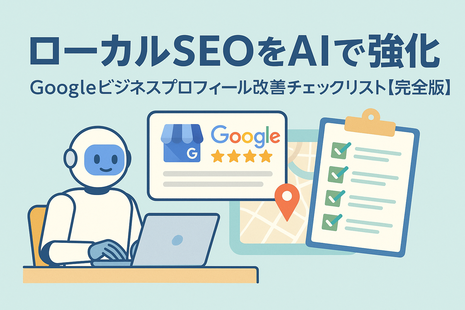 AIがGoogleビジネスプロフィールを分析し、ローカルSEO改善チェックリストを作成しているイラスト。ロボットと地図、チェックリストが描かれた親しみやすいデザイン。