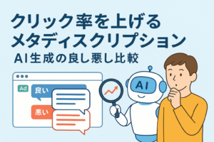クリック率を上げるメタディスクリプションをテーマに、AIロボットと人が良い例・悪い例を比較しているイラスト。検索結果画面やチャットバブルを背景にした親しみやすいデザイン。