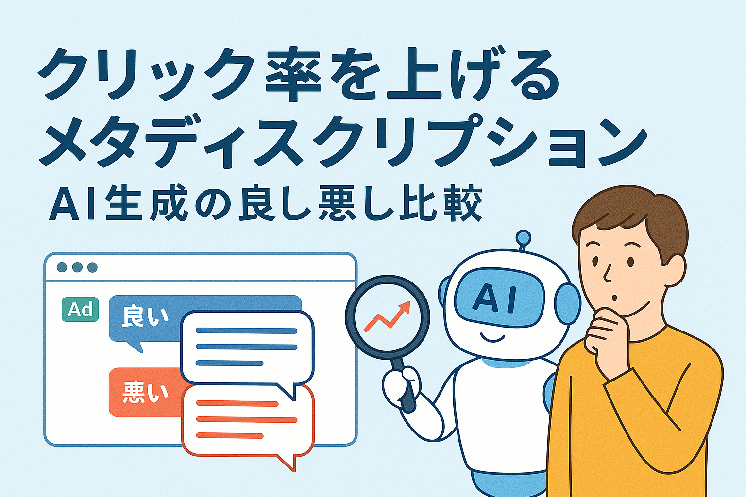 クリック率を上げるメタディスクリプションをテーマに、AIロボットと人が良い例・悪い例を比較しているイラスト。検索結果画面やチャットバブルを背景にした親しみやすいデザイン。