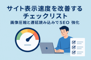サイト表示速度を改善するチェックリストをテーマにしたイラスト。パソコンを操作する男性と速度メーター、チェックリストが描かれ、画像圧縮と遅延読み込みによるSEO強化を表現した親しみやすいデザイン。