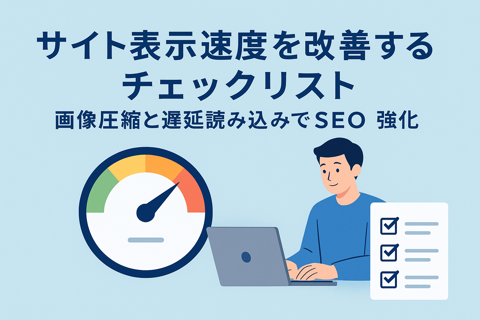 サイト表示速度を改善するチェックリストをテーマにしたイラスト。パソコンを操作する男性と速度メーター、チェックリストが描かれ、画像圧縮と遅延読み込みによるSEO強化を表現した親しみやすいデザイン。