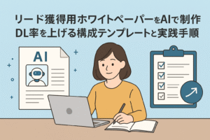 AIでホワイトペーパーを制作する女性のイラスト。ノートPCを操作しながらチェックリストとAI資料を確認している様子を描いた、リード獲得とDL率向上をテーマにしたビジネスデザイン。