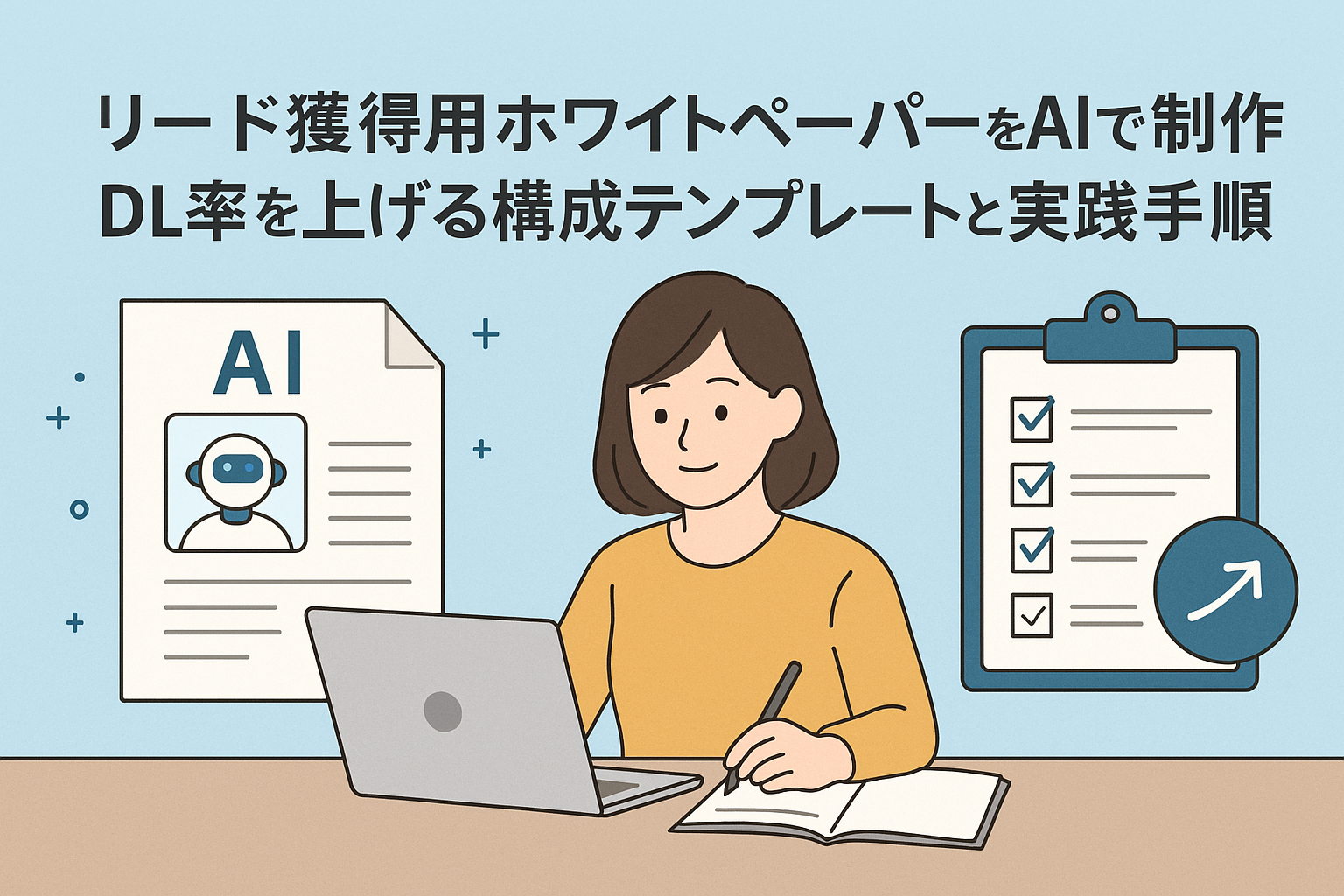 AIでホワイトペーパーを制作する女性のイラスト。ノートPCを操作しながらチェックリストとAI資料を確認している様子を描いた、リード獲得とDL率向上をテーマにしたビジネスデザイン。