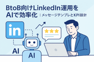 BtoB企業のLinkedIn運用をAIで効率化する様子を描いたイラスト。ビジネスマンがノートパソコンを操作し、AIロボットとLinkedInロゴ、星評価やKPIグラフが表示された清潔感のあるデザイン。
