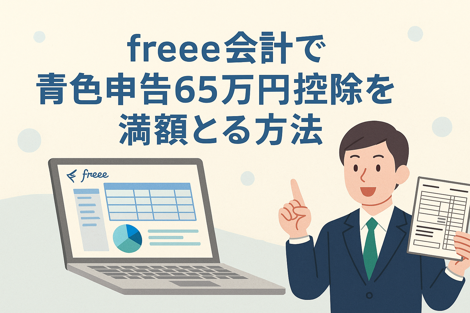 freee会計で青色申告65万円控除を満額とる方法のイメージ｜ノートパソコンと税申告書を持つ人物のイラスト