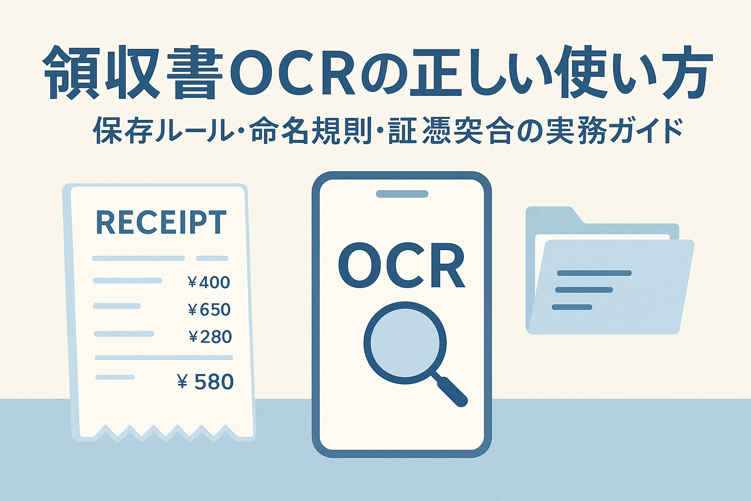 領収書OCRの正しい使い方を解説するイメージ｜スマホで領収書を撮影しクラウドに保存する様子を表したイラスト