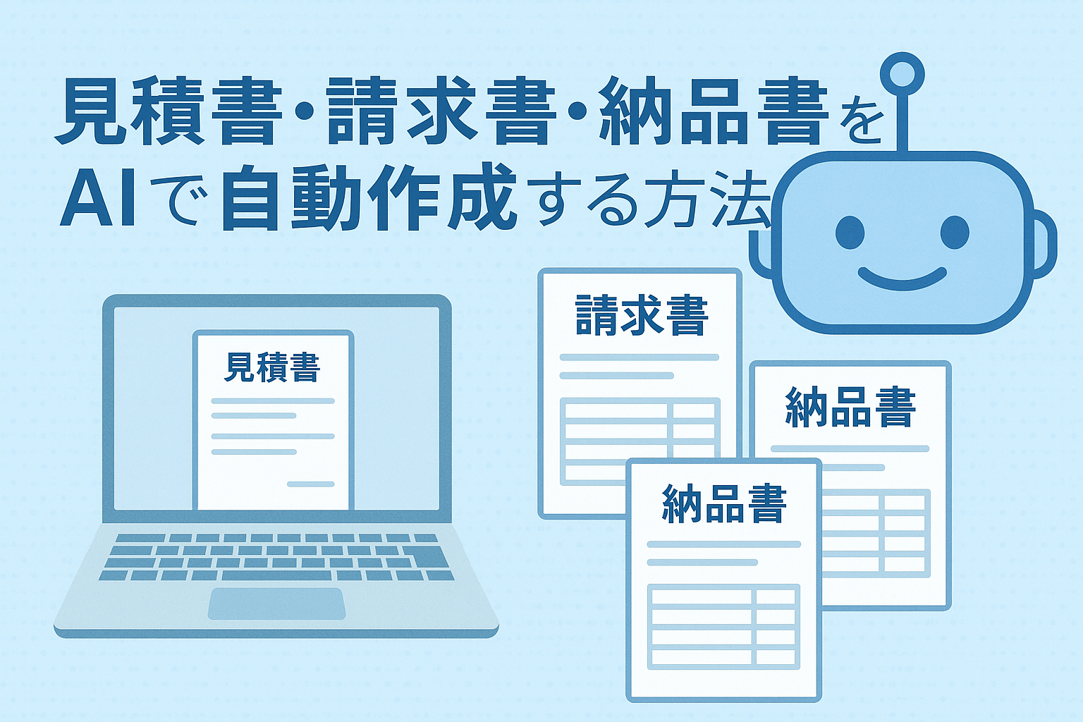 見積書・請求書・納品書をAIで自動作成する方法を解説するイメージ｜AIロボットとパソコン画面に帳票が並ぶビジネスイラスト