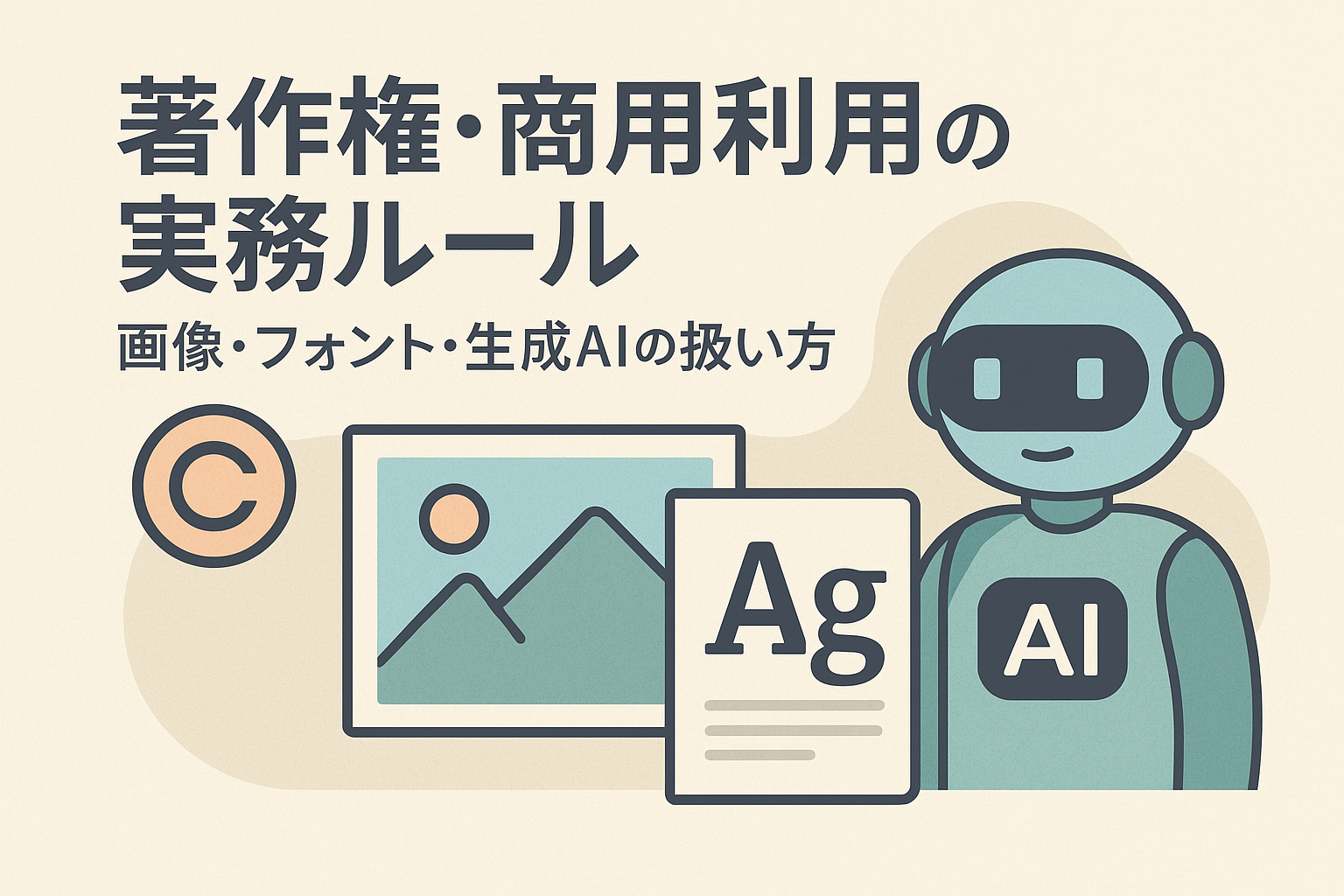 著作権・商用利用の実務ルールを解説するアイキャッチ画像。AIロボット、フォント見本、画像アイコン、著作権マークを組み合わせたイラスト。