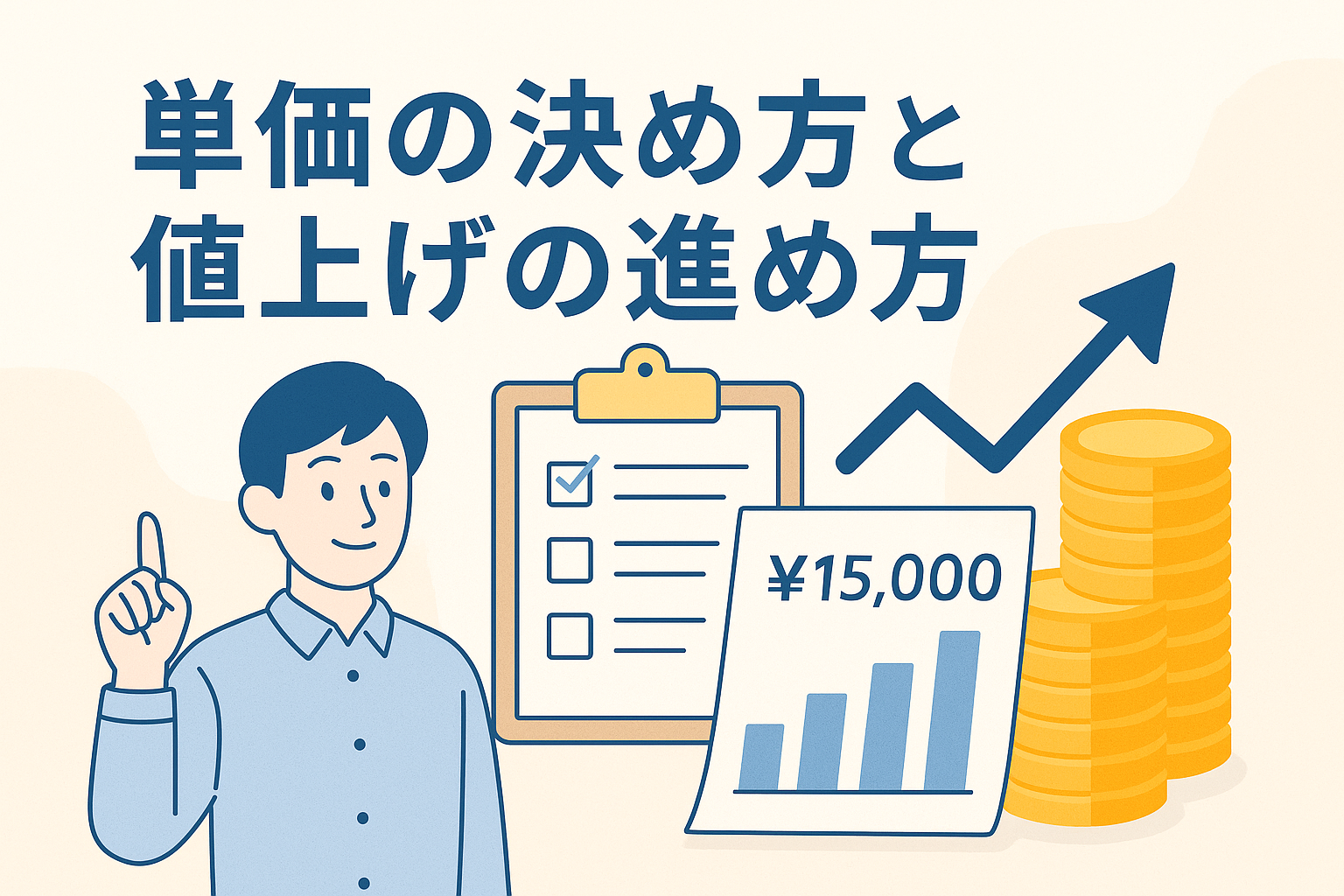 単価の決め方と値上げの進め方をテーマにしたビジネスイラスト。男性キャラクター、チェックリスト、グラフ、上昇矢印、コインを組み合わせた構図。