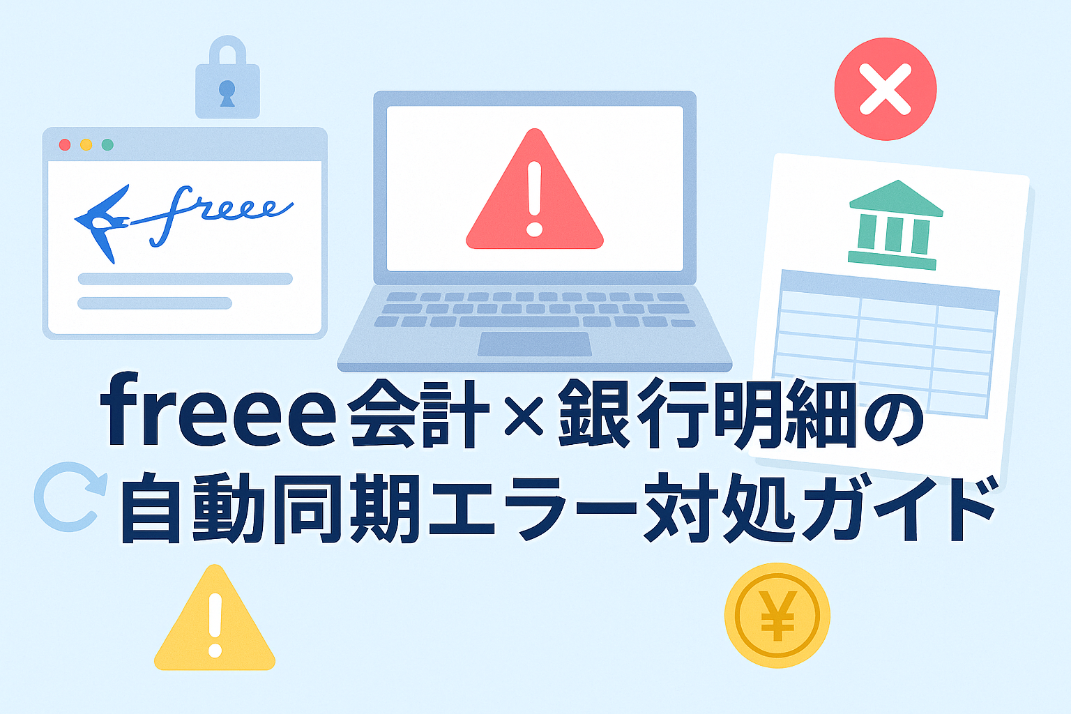 freee会計と銀行明細の自動同期エラー対処ガイドを説明するイラスト。ノートパソコンの警告マーク、銀行アイコン、クラウド同期のシンボルを組み合わせたビジネス風デザイン。