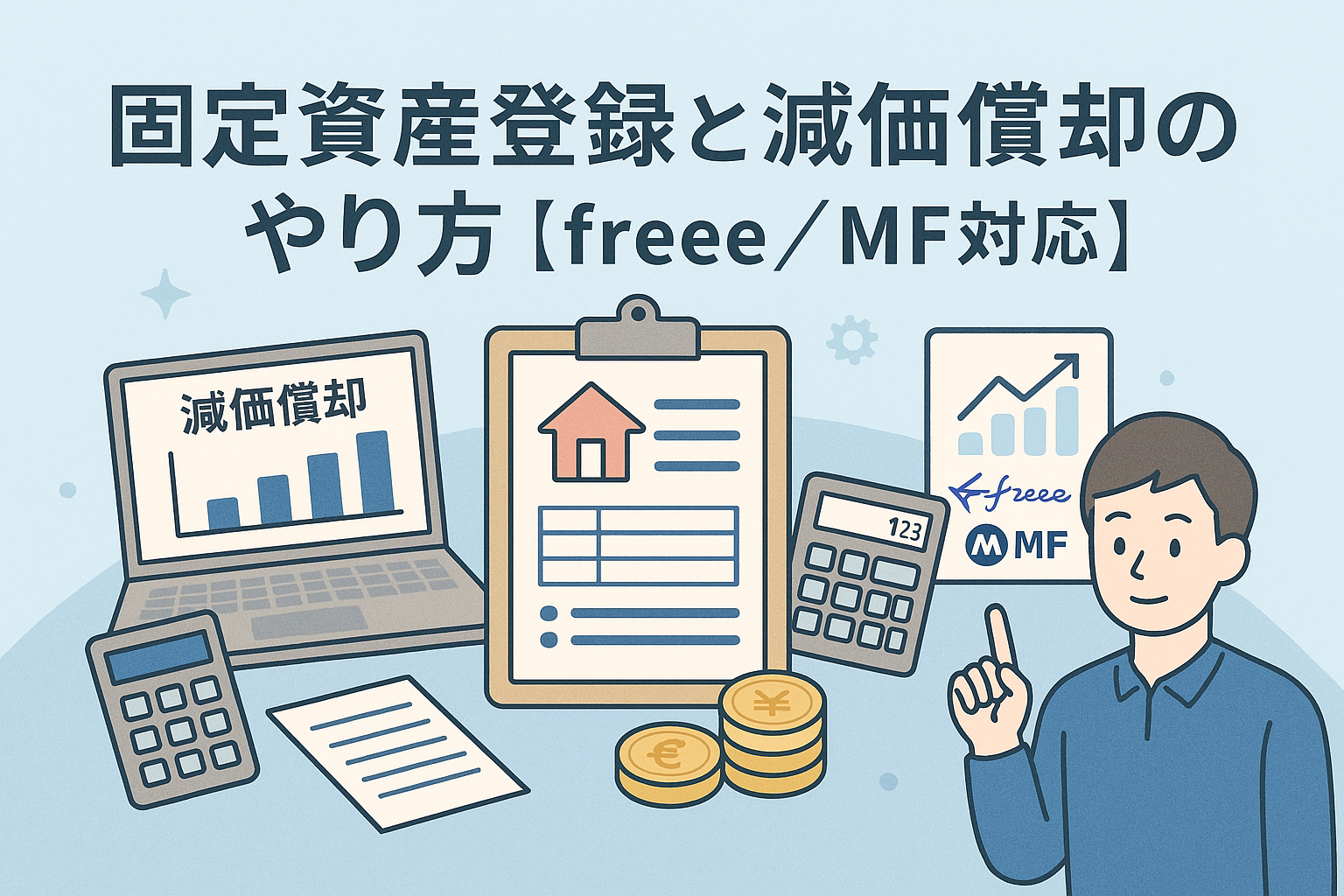 固定資産登録と減価償却のやり方を解説する日本語アイキャッチ画像。freee会計とマネーフォワードのロゴ、パソコン・帳簿・グラフなどのイラストを使った清潔感あるデザイン。